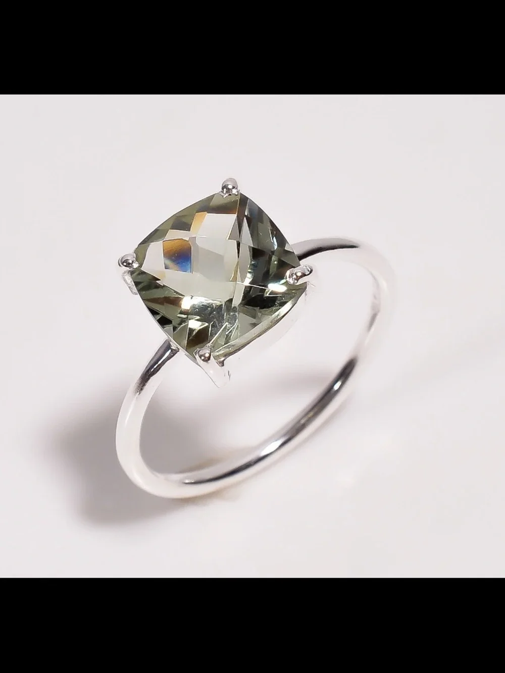 Natural Green Amethyst Cushion Ring, 925 Sterling Silver Minimalist Jewelry 8.5